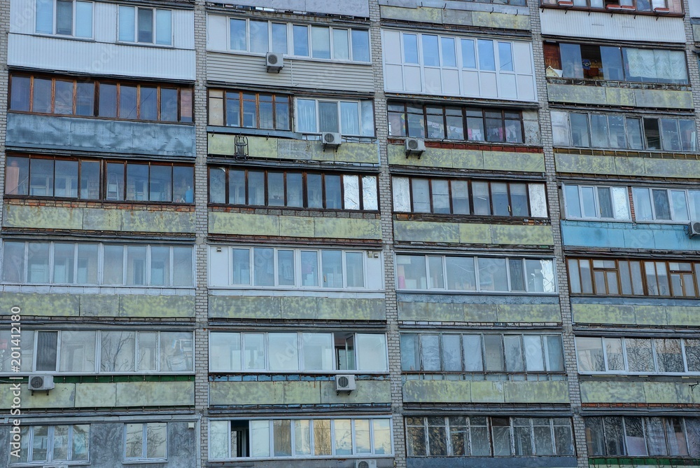 texture of old balconies and windows on the wall