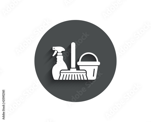 Cleaning service simple icon. Spray, bucket and mop symbol. Housekeeping equipment sign. Circle flat button with shadow. Vector