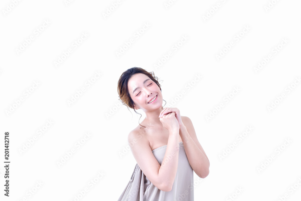 The concept of healthy beautiful woman. Beautiful women keep healthy. Beautiful women take care of skin health. Beautiful girl on white background The concept of healthy beautiful woman. Beautiful women keep healthy. Beautiful women take care of skin health. Beautiful girl on white background