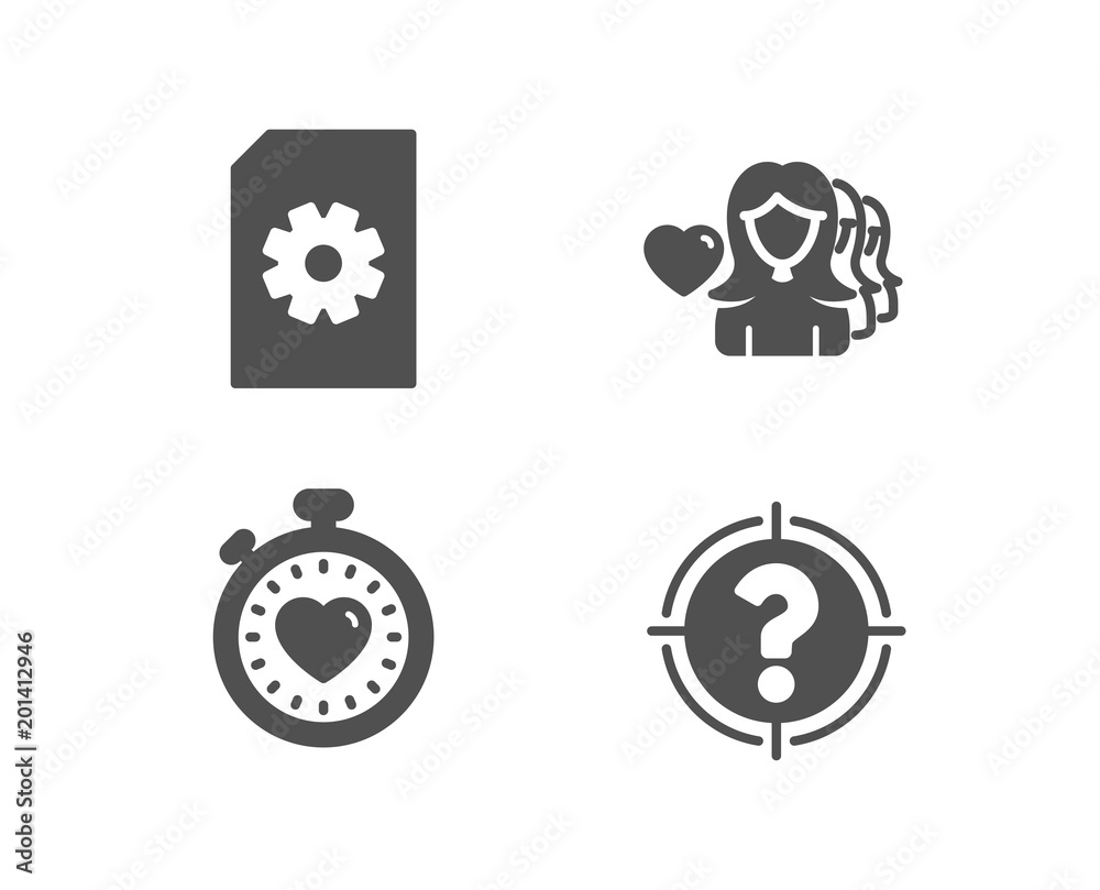 Set of File management, Heartbeat timer and Woman love icons. Headhunter sign. Doc with cogwheel, Love stopwatch, Romantic people. Aim with question mark. Quality design elements. Classic style Set of File management, Heartbeat timer and Woman love icons. Headhunter sign. Doc with cogwheel, Love stopwatch, Romantic people. Aim with question mark. Quality design elements. Classic style