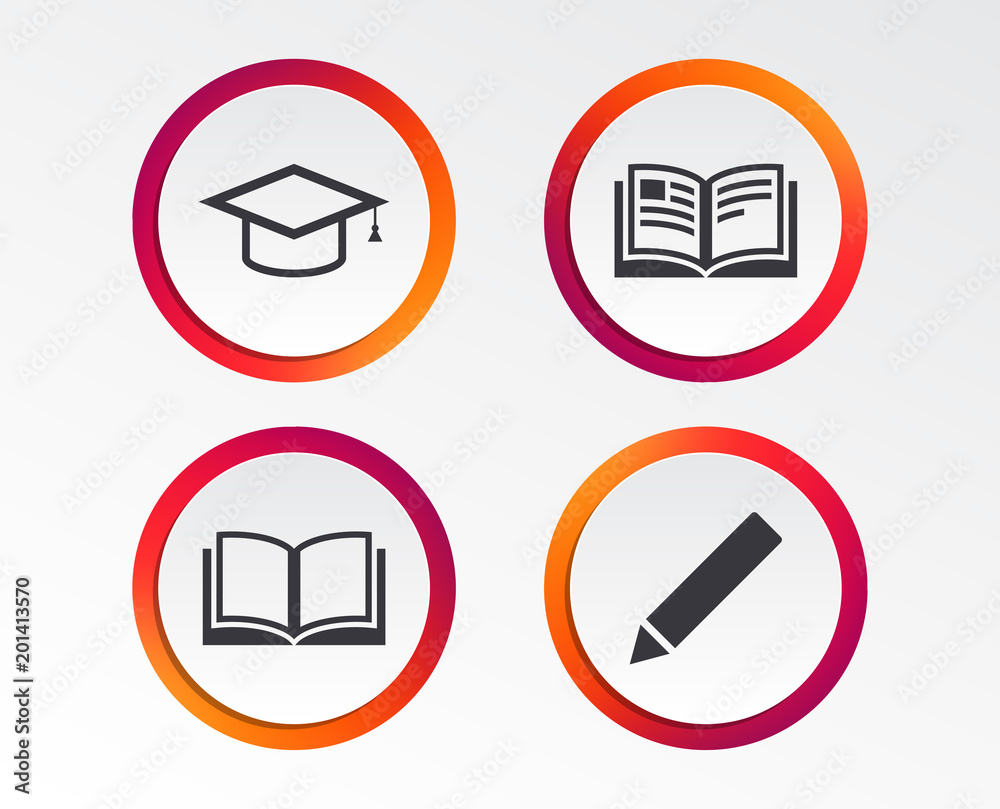 Pencil and open book icons. Graduation cap symbol. Higher education learn signs. Infographic design buttons. Circle templates. Vector Pencil and open book icons. Graduation cap symbol. Higher education learn signs. Infographic design buttons. Circle templates. Vector