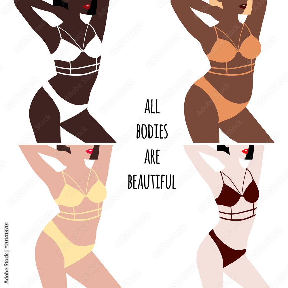 Vetor de Set of beautiful silhouettes of women in underwear of different  body type. Plus size and thin girls. Happy body positive concept. All  bodies are beautiful text. Vector illustration on white