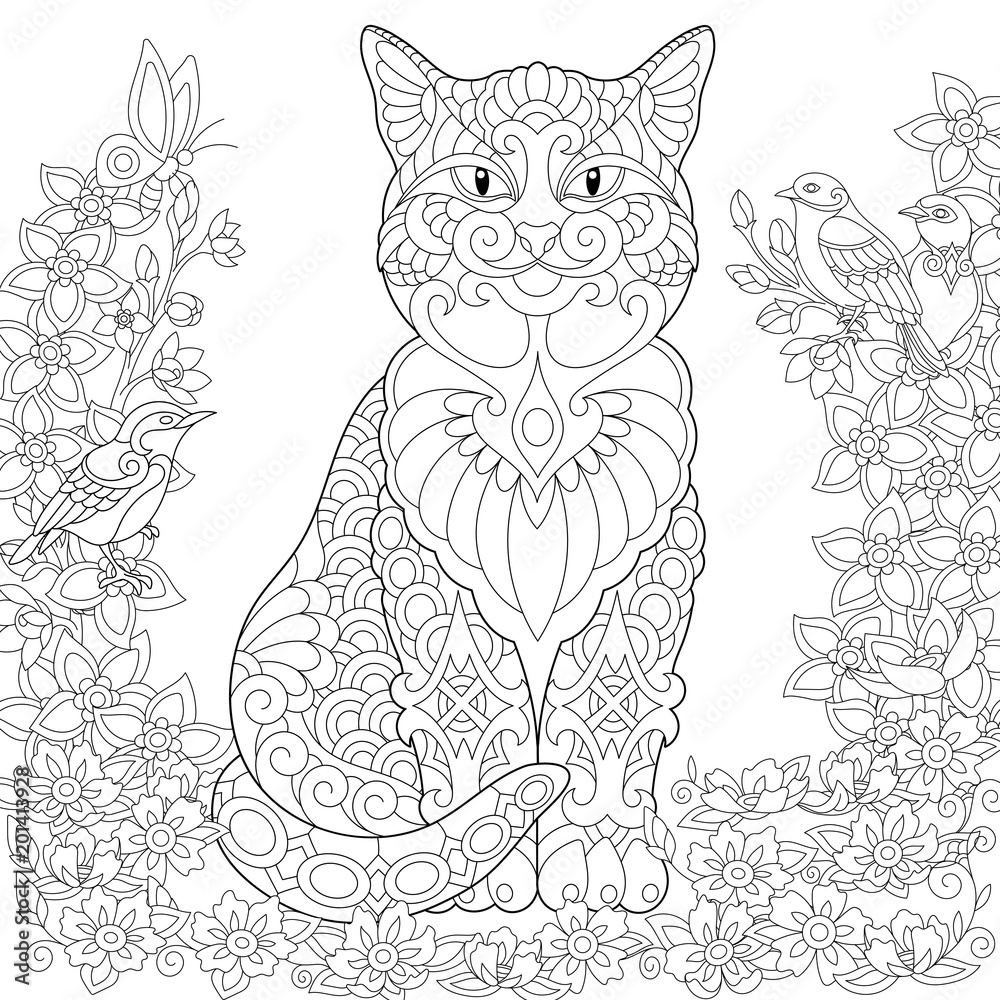 Zentangle cat in the flower garden and lovely spring birds Zentangle cat in the flower garden and lovely spring birds