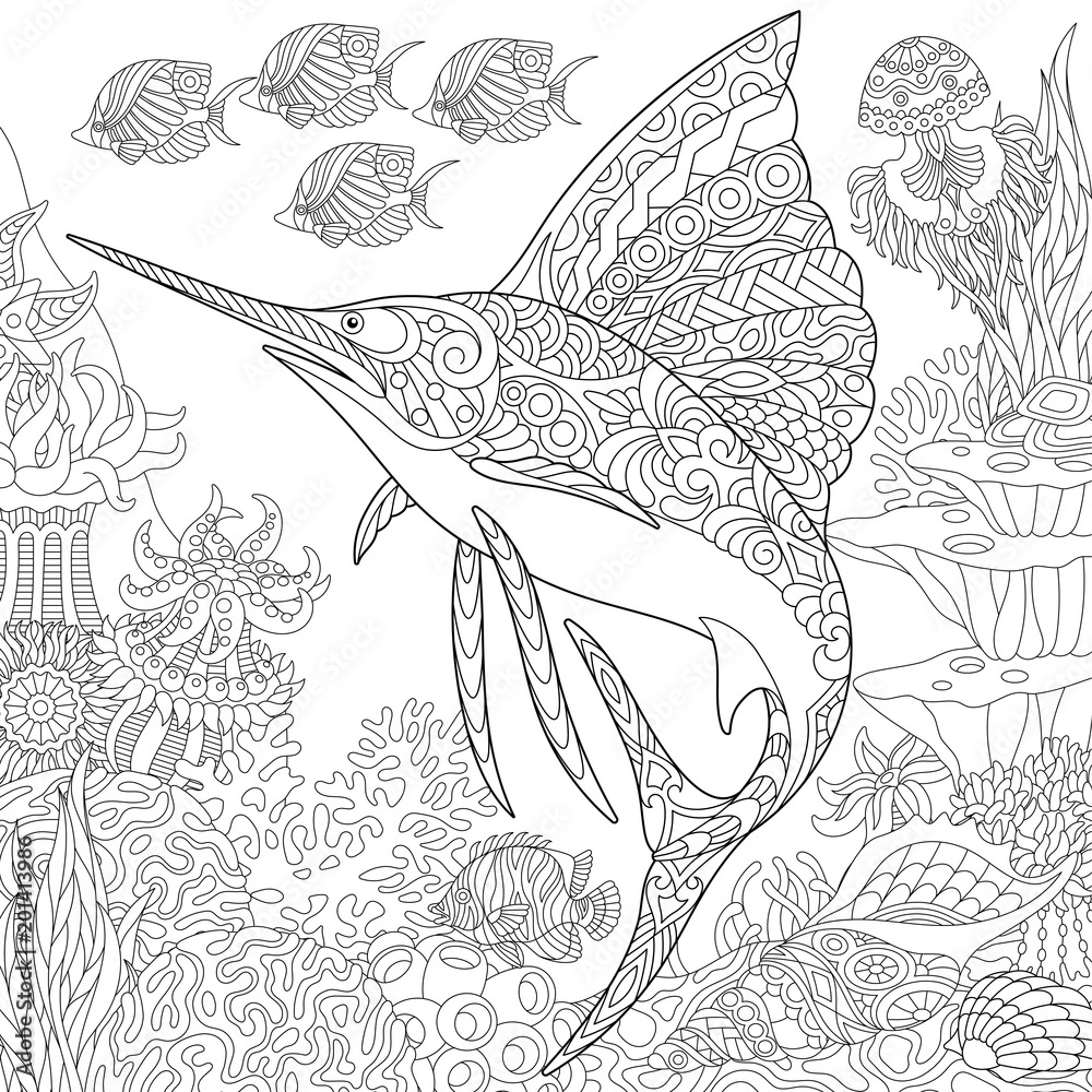 Obraz premium Zentangle underwater background with sailfish