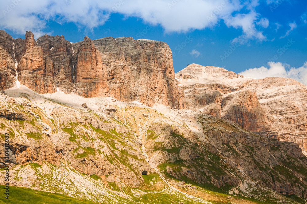 Panorama of Sella mountain range from Sella pass, Dolomites, Italy