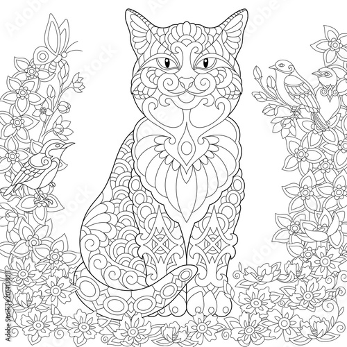Fototapeta Naklejka Na Ścianę i Meble -  Zentangle cat in the flower garden and lovely spring birds