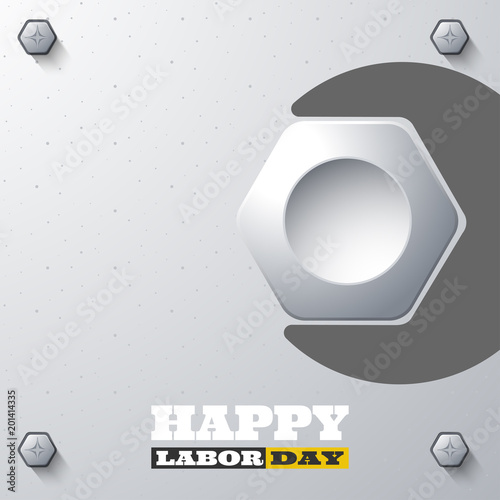 Happy Labor Day vector paper craft with wrench silhouette, nut, hexagon screw with long shadow on the metal background.