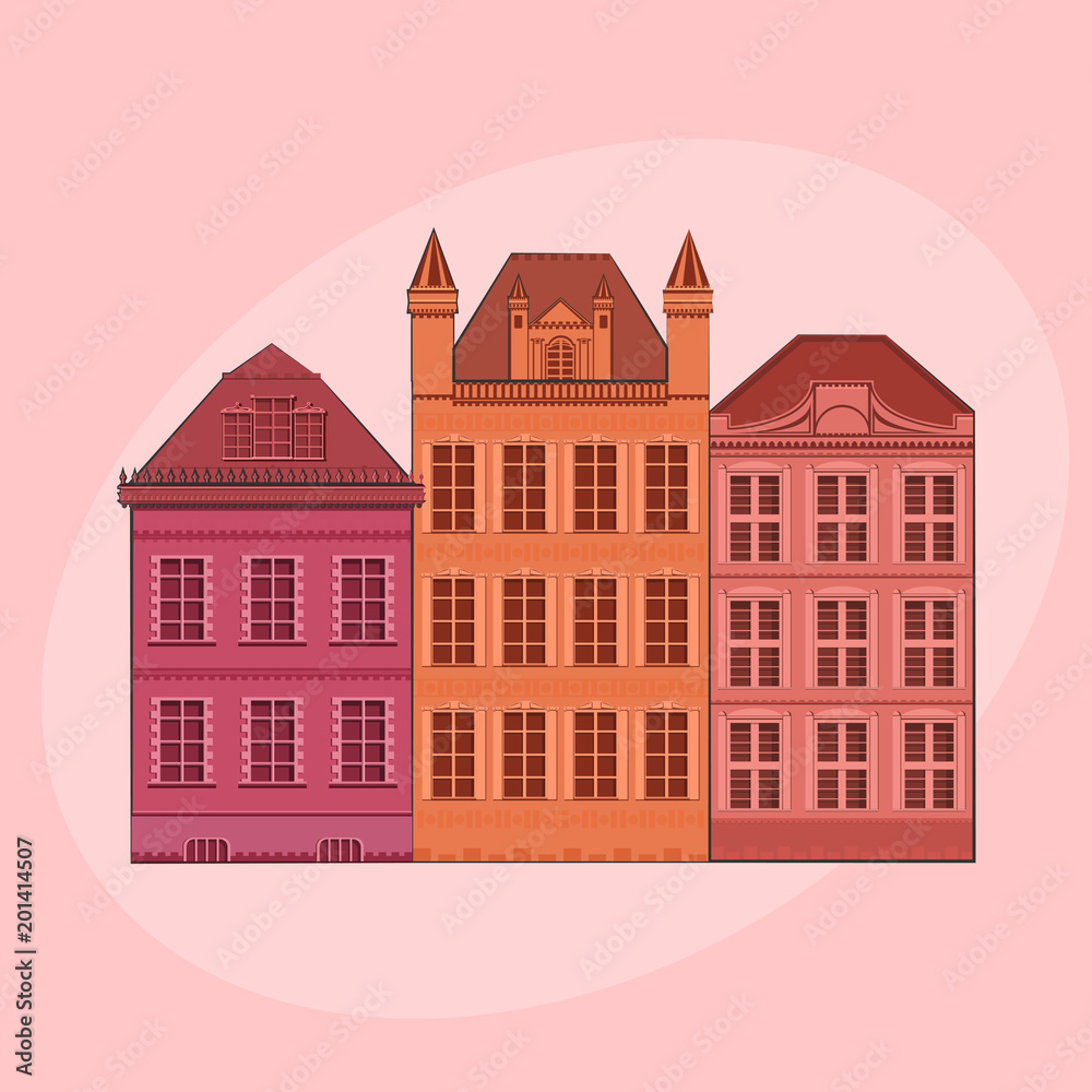 set of three old european houses, vector illustration