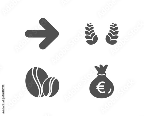 Set of Next, Laurel wreath and Coffee beans icons. Money bag sign. Forward, Laureate reward, Whole bean. Euro currency.  Quality design elements. Classic style. Vector