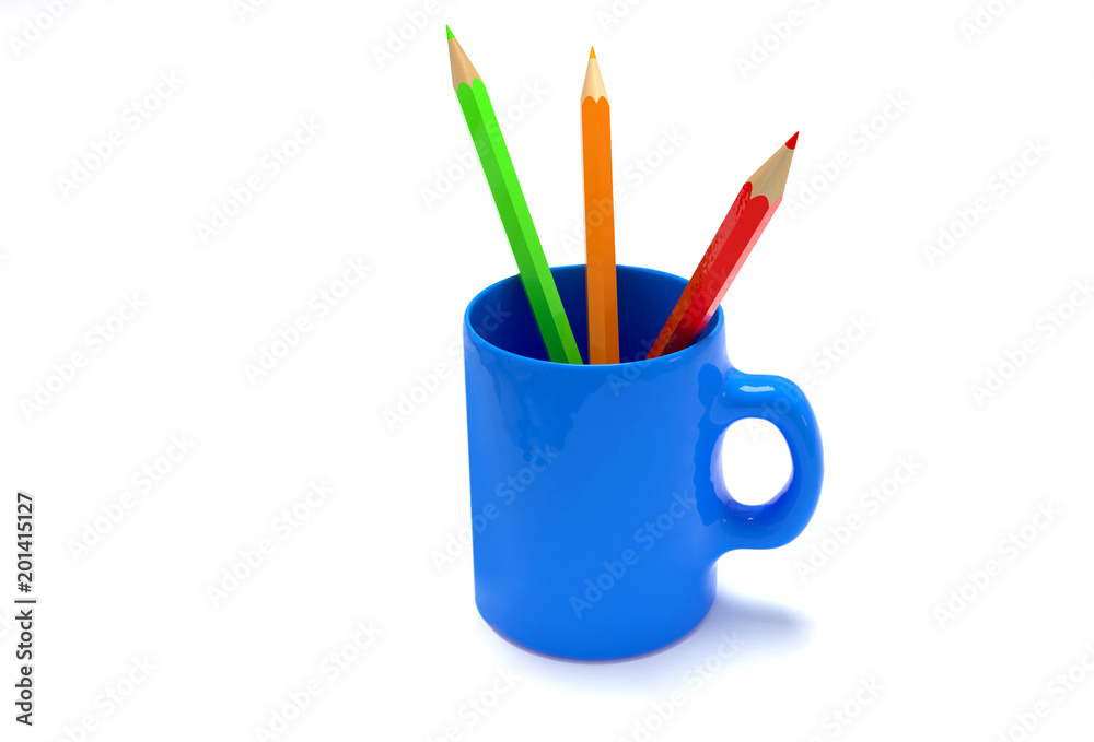 3d rendering school supplies cup crayons color drawing lessons art education artwork white background isolated