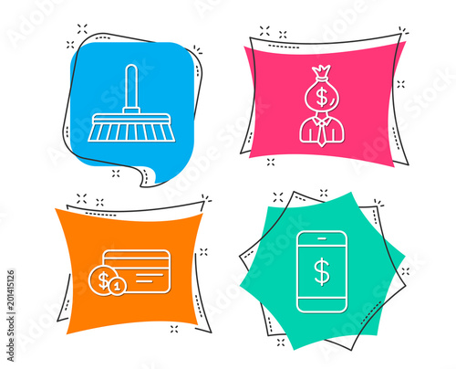 Set of Cleaning mop, Payment method and Manager icons. Smartphone payment sign. Sweep a floor, Work profit, Mobile pay.  Flat geometric colored tags. Vivid banners. Trendy graphic design. Vector