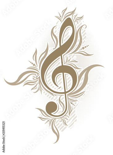 Abstract musical background in grunge style with a treble clef and decorative swirls in brown gamma.