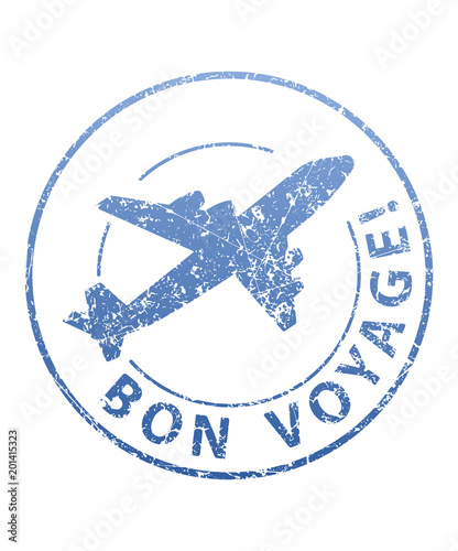 Bon voyage blue grunge rubber stamp with airplane.