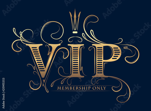 Rich decorated VIP membership only gold card with crown on a dark blue background.