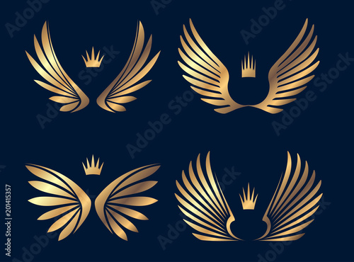 Set of four pairs of gold wings with crowns. Vector illustration.