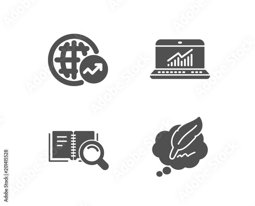 Set of Search book, World statistics and Online statistics icons. Ð¡opyright chat sign. Online education, Global report, Computer data. Speech bubble.  Quality design elements. Classic style. Vector