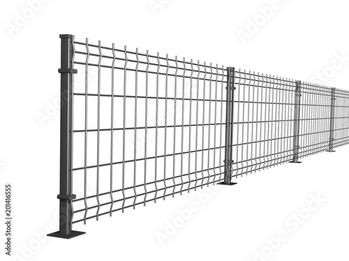 Fototapeta Naklejka Na Ścianę i Meble -  grating wire industrial fence panels, grey pvc metal fence panel 3d illustration on isolated white background