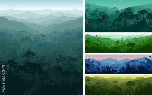 set of vector horizontal seamless tropical rainforest Jungle backgrounds