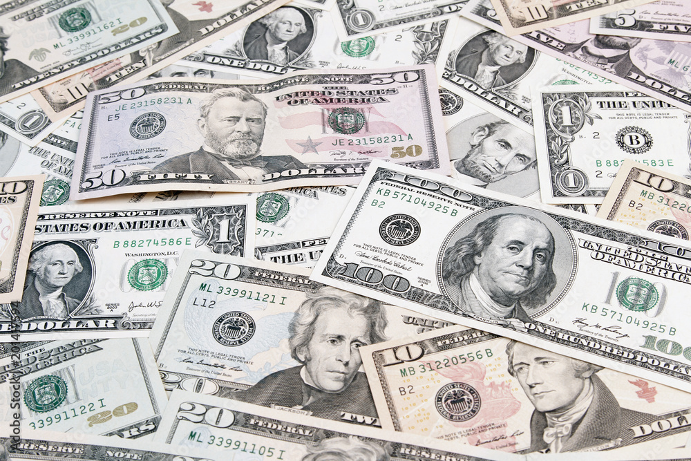 Assorted American banknotes cash background
