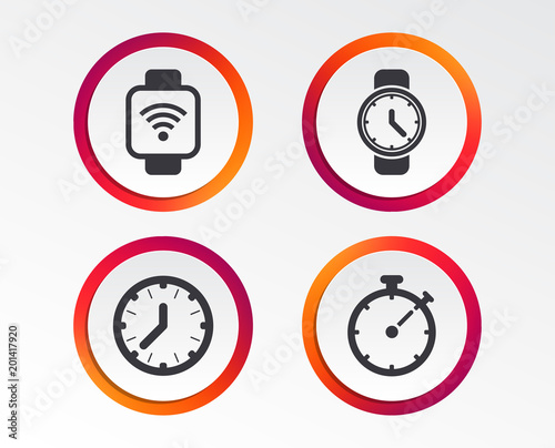 Smart watch wi-fi icons. Mechanical clock time, Stopwatch timer symbols. Wrist digital watch sign. Infographic design buttons. Circle templates. Vector