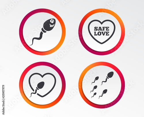 Sperm icons. Fertilization or insemination signs. Safe love heart symbol. Infographic design buttons. Circle templates. Vector
