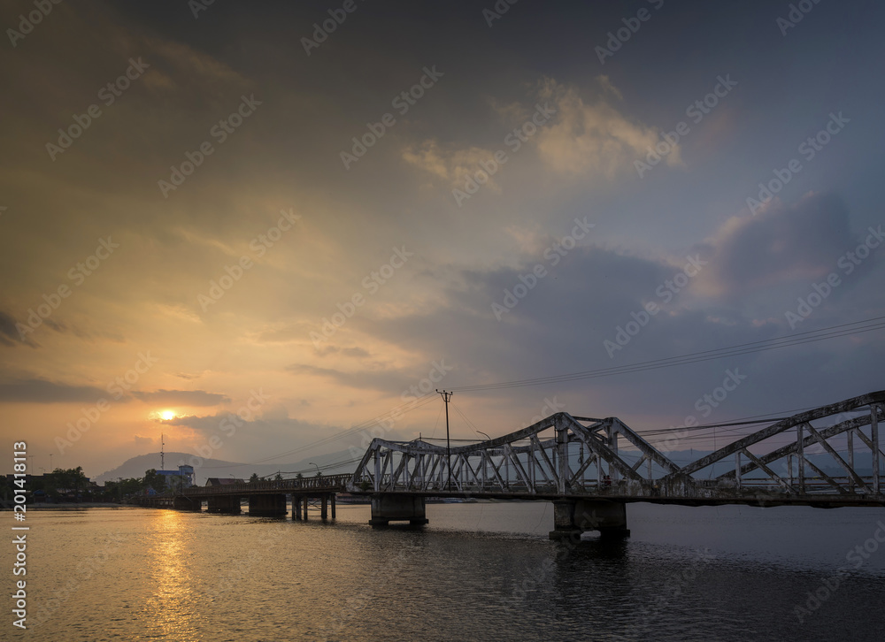 bridge and river at sunset in kampot cambodia bridge and river at sunset in kampot cambodia