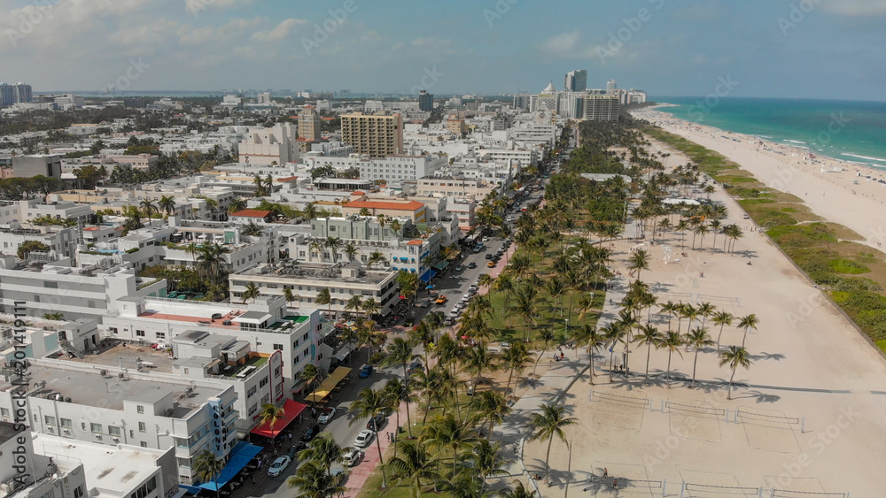 Aerial view of Miami Beach and Ocean Drive on a beautiful spring day