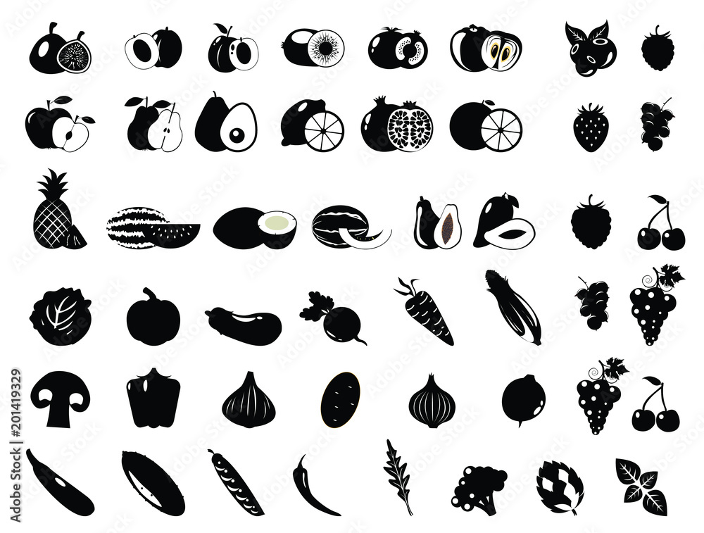 Black and white illustration. Set of different fresh vegetables and ...
