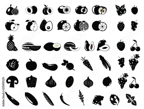 Black and white illustration. Set of different fresh vegetables and fruits.