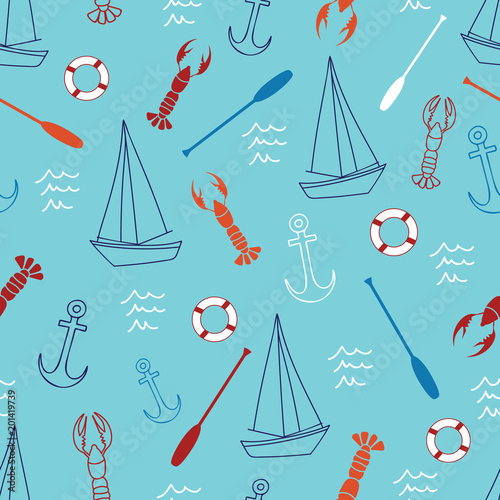 Seamless pattern with sailboat, anchor, lobster, oar and lifebuoy.