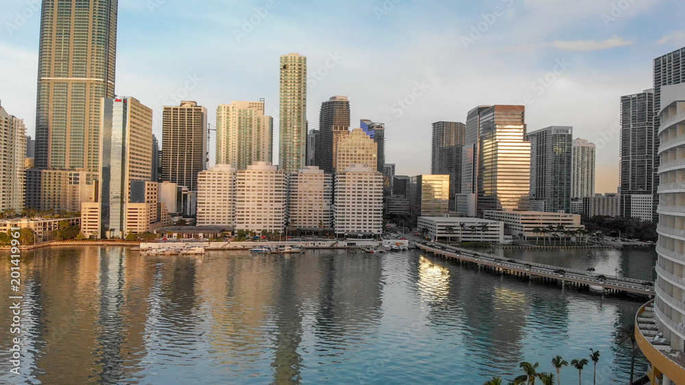Obraz premium Brickell Key and Downtown Miami aerial view at sunrise