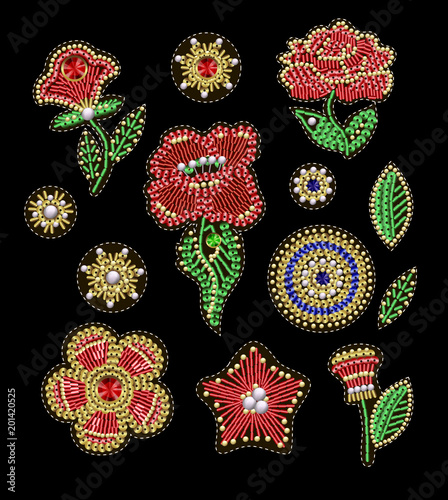 Patches for textile design or print with flowers, embroidered sequins, beads and pearls. Vector fashion illustrations.