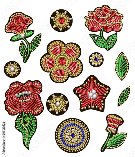 Patches for textile design or print with flowers, embroidered sequins, beads and pearls. Vector fashion illustrations.