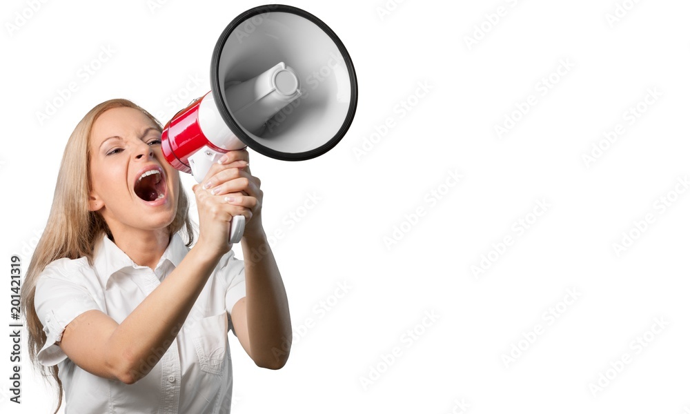Naklejka premium Portrait of woman holding megaphone