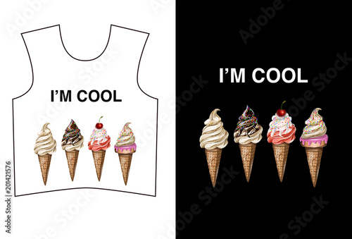 Design t-shirt with ice cream. Vector illustration.