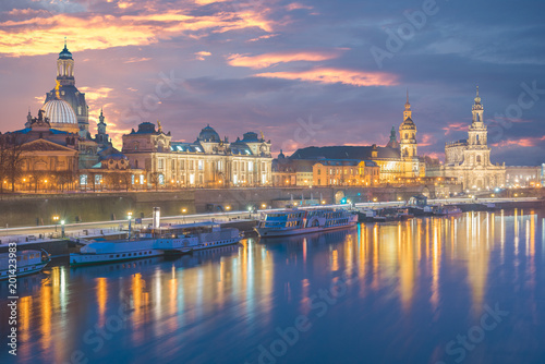 View of Cathedral of the Holy Trinity or Hofkirche, Bruehl's Terrace or The Balcony of Europe.Elbe river in Dresden, Saxony, Germany, Europe.
