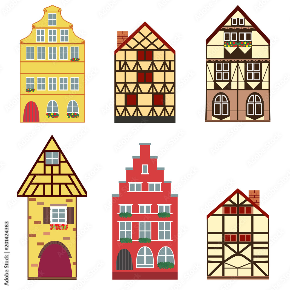 Vector icons set of 6 European houses. Gingerbread houses. Elements for your design and decoration. Christmas and New Year's design elements.