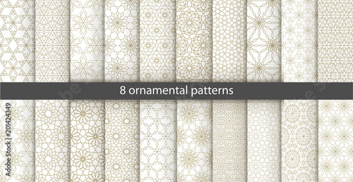 Big set of 20 oriental patterns. White and gold background with Arabic ornaments. Patterns, backgrounds and wallpapers for your design. Textile ornament. Vector illustration.