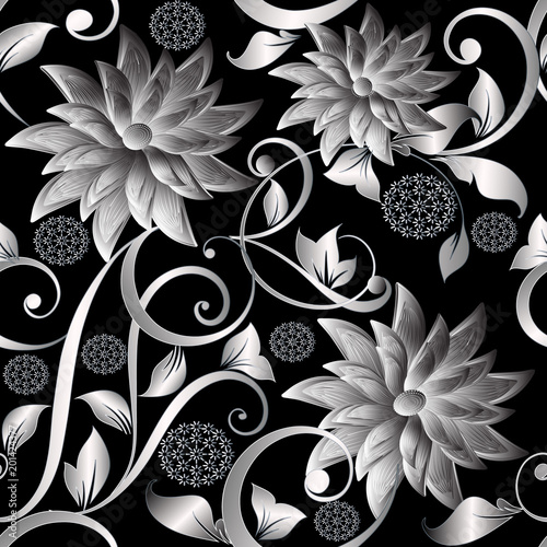 3d vintage silver flowers seamless pattern. Vector floral background. Hand drawn abstract blossom flowers, leaves, swirls, dandelions, dots, branches, lines. Elegance ornate design. Surface texture.