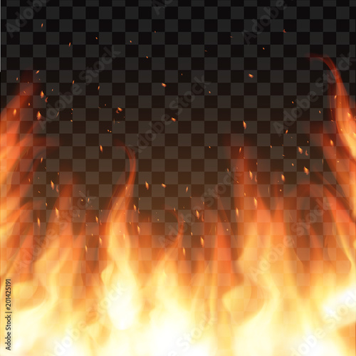  Vector burning realistic fire flames. Glowing particles. Vector light  effect with transparency background. Campfire.