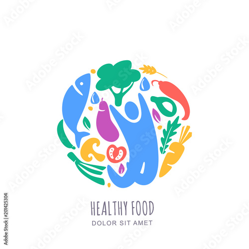 Organic healthy vegetarian food concept. Vector logo, label design template. Circle emblem with happy man and vegetables