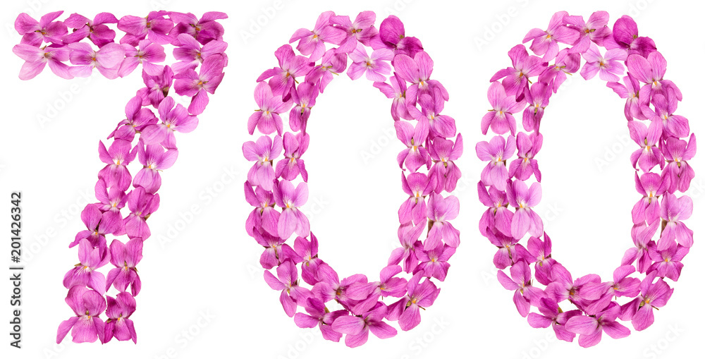 Arabic numeral 700, seven hundred, from flowers of viola, isolated on white background