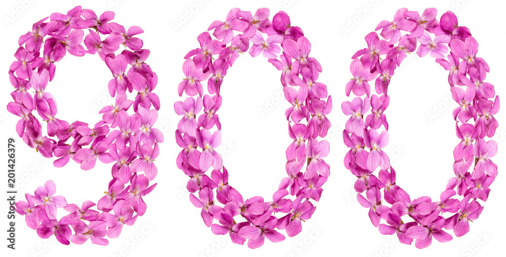 Arabic numeral 900, nine hundred, from flowers of viola, isolated on white background
