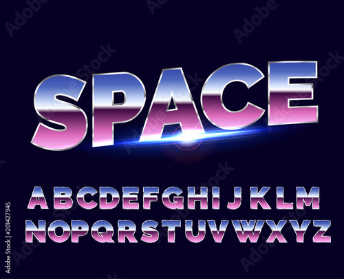 Shiny Chrome alphabet retro font. Sci-fi 80s future style.