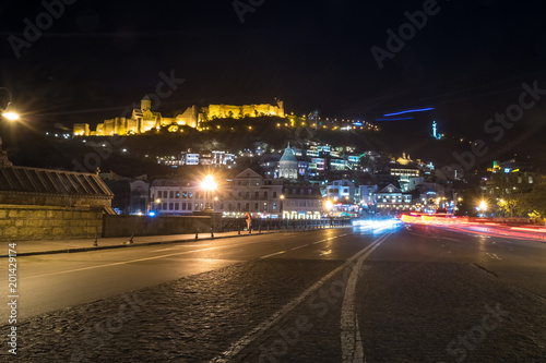 night view of Tbilisi  the bright lights of Narikala fortress and the Old Town of Tbilisi
