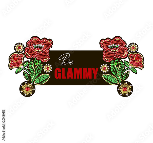 Design t-shirt with flowers embroidered sequins, beads and pearls  for print. Vectors  fashion illustration.