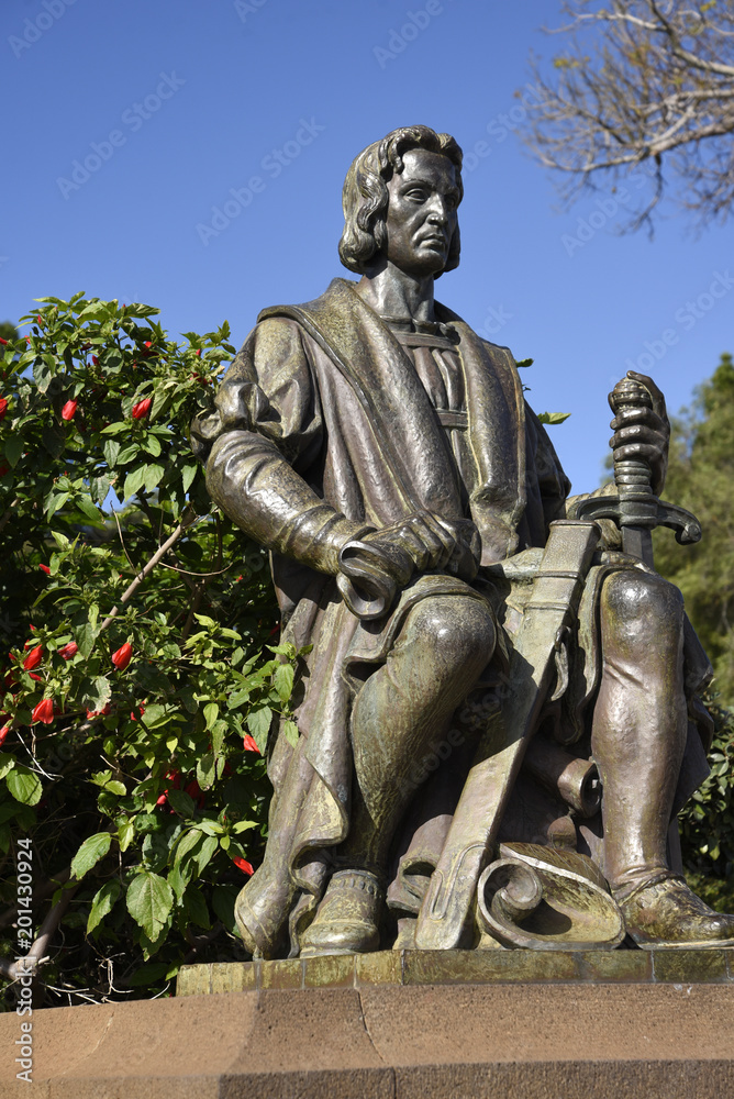 Christopher Columbus statue inthe Santa Catarina Park overlooking the harbour in Funchal Portugal is a haven of shady trees and lawns in the centre of the city
