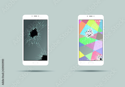 White modern phone with broken screen glass and on and off screen with shadow on gray background