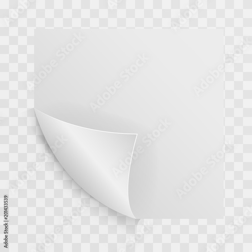 Realistic white curled corner with shadow on transparent background. Vector illustration.