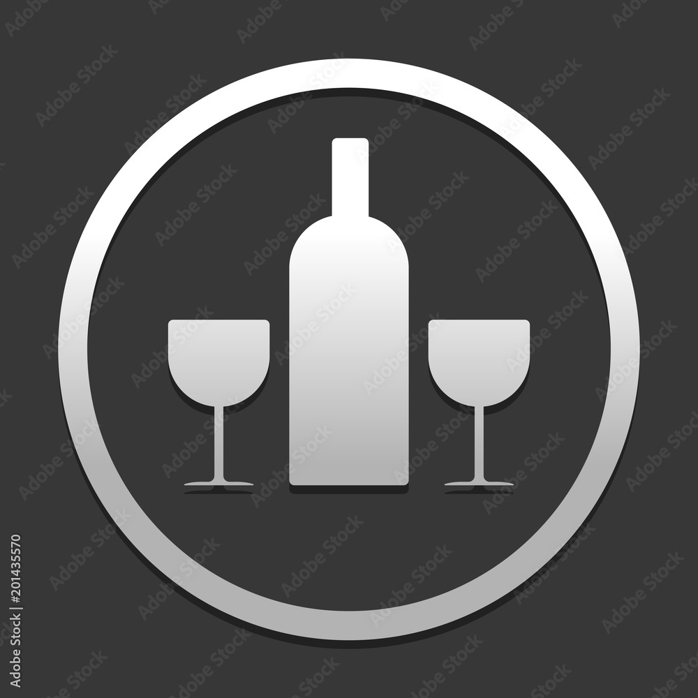 glasses and bottle. icon in circle on dark background with simple shadow glasses and bottle. icon in circle on dark background with simple shadow